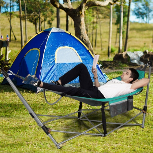 Indoor Outdoor Folding Hammock with Side Pocket and Iron Stand