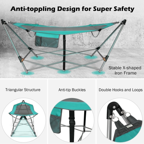 Indoor Outdoor Folding Hammock with Side Pocket and Iron Stand