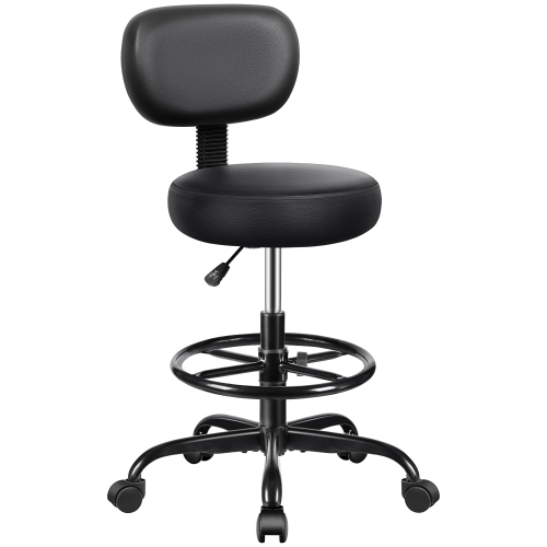 Coolhut Ergonomic Drafting Chair with Detachable Backrest and Adjustable Footrest, PU Leather Swivel Stool with Wheels, for Office, Salon, Lab & Home