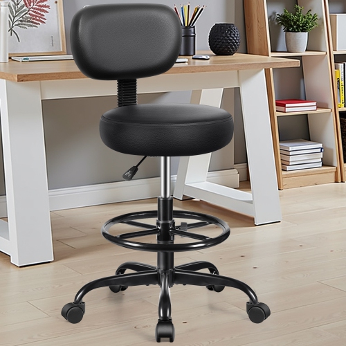 Coolhut Ergonomic Drafting Chair with Detachable Backrest and Adjustable Footrest, PU Leather Swivel Stool with Wheels, for Office, Salon, Lab & Home