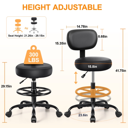Coolhut Ergonomic Drafting Chair with Detachable Backrest and Adjustable Footrest, PU Leather Swivel Stool with Wheels, for Office, Salon, Lab & Home