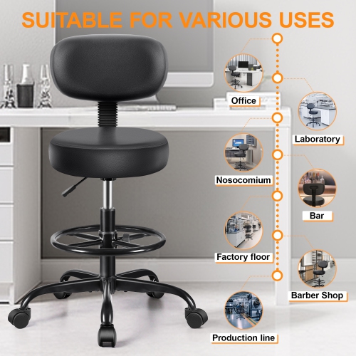 Coolhut Ergonomic Drafting Chair with Detachable Backrest and Adjustable Footrest, PU Leather Swivel Stool with Wheels, for Office, Salon, Lab & Home