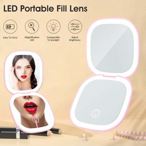 Rechargeable Handheld LED Makeup Mirror Dual Sided 10X Magnification With 400mAh Battery And Adjustable Brightness For Travel