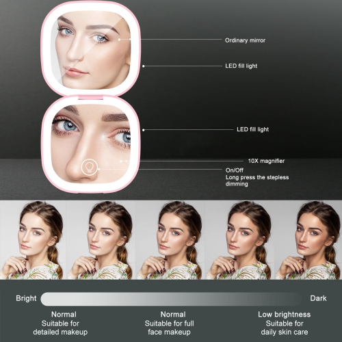 Rechargeable Handheld LED Makeup Mirror Dual Sided 10X Magnification With 400mAh Battery And Adjustable Brightness For Travel
