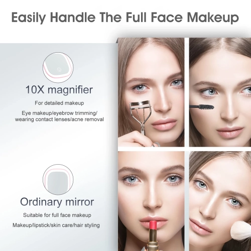 Rechargeable Handheld LED Makeup Mirror Dual Sided 10X Magnification With 400mAh Battery And Adjustable Brightness For Travel