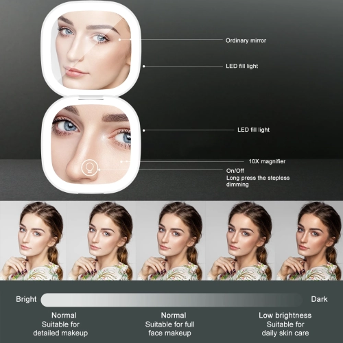 Rechargeable Handheld LED Makeup Mirror Dual Sided 10X Magnification With 400mAh Battery And Adjustable Brightness For Travel