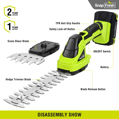 SnapFresh 20V Cordless Hedge Trimmer 2 in 1 Hedge Trimmer and Grass Shears with 2.0Ah Battery and Fast Charger