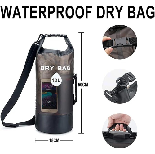 Waterproof Dry Bag Backpack, Translucent, for Boating, Kayaking, Hiking, Canoeing, Fishing, Swimming, and Camping with Adjustable Straps - Black, 10