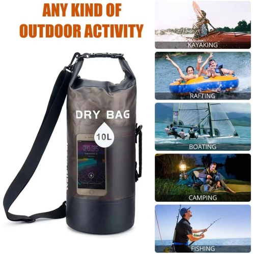 Waterproof Dry Bag Backpack, Translucent, for Boating, Kayaking, Hiking, Canoeing, Fishing, Swimming, and Camping with Adjustable Straps - Black, 10
