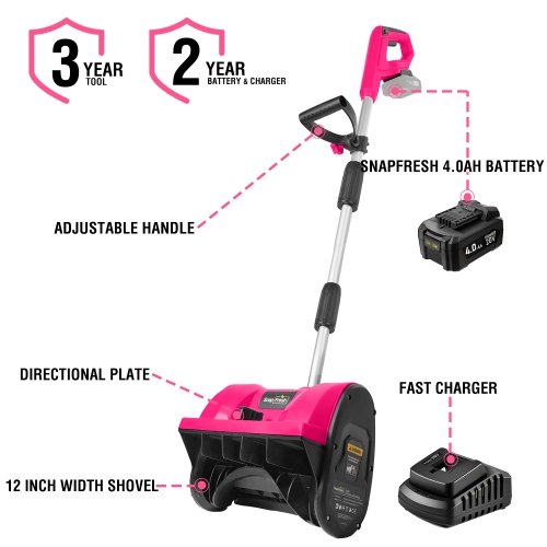 Souffleuse à neige électrique sans fil 12 po 20 V de SnapFresh avec poignée réglable et batterie 4,0 Ah - Rose