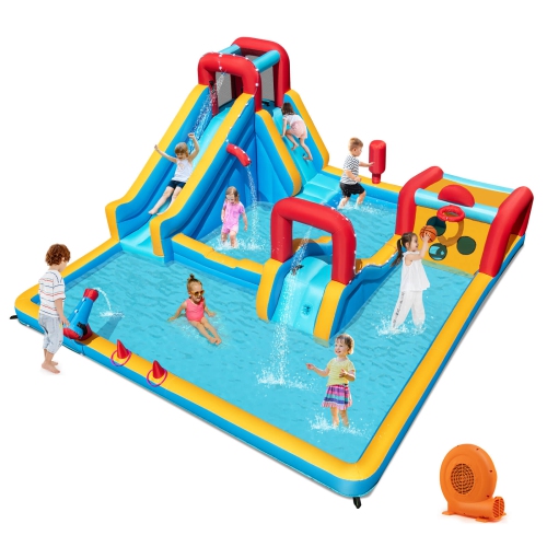 Costway Inflatable Water Park with Climbing Wall Boxing Post Basketball Rim 750W Blower