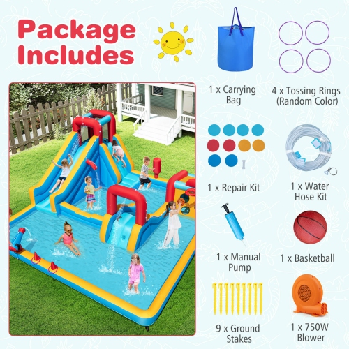 Costway Inflatable Water Park with Climbing Wall Boxing Post Basketball Rim 750W Blower