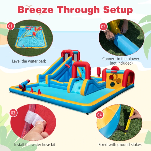 Costway Inflatable Water Park with Climbing Wall Boxing Post Basketball Rim Blower Excluded