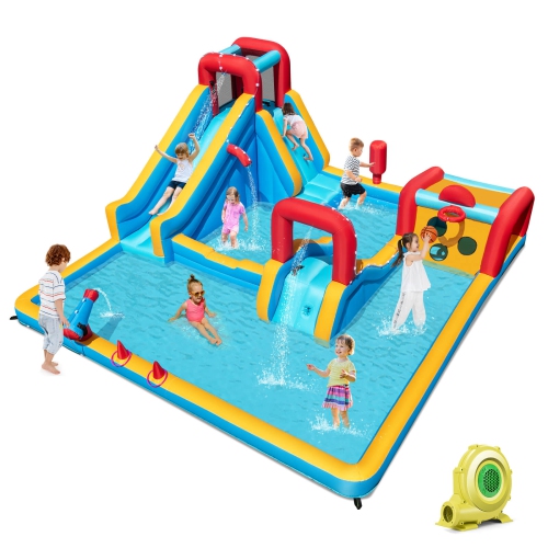 Costway Inflatable Water Park with Climbing Wall Boxing Post Basketball Rim 735W Blower