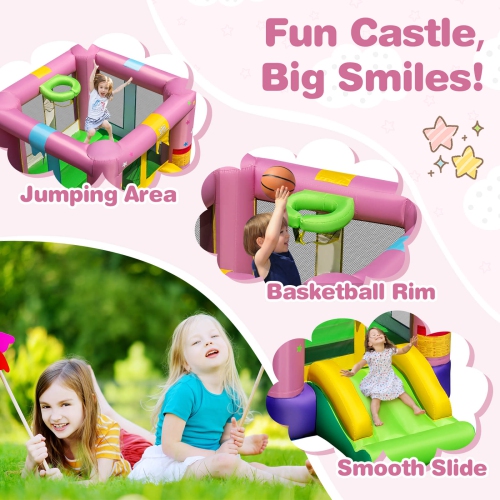 Costway Inflatable Bounce House Bouncy Castle with Slide & Basketball Rim 520W Blower