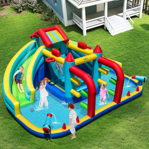 Costway Inflatable Water Park with Climbing Wall Splash Pool Water Cannons 735W Blower