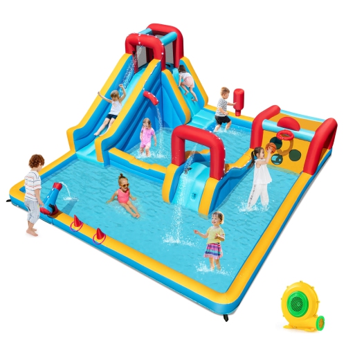 Costway Inflatable Water Park with Climbing Wall Boxing Post Basketball Rim 680W Blower