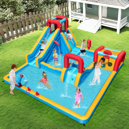 Costway Inflatable Water Park with Climbing Wall Boxing Post Basketball Rim 680W Blower