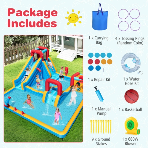 Costway Inflatable Water Park with Climbing Wall Boxing Post Basketball Rim 680W Blower