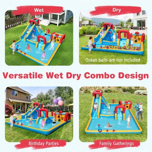 Costway Inflatable Water Park with Climbing Wall Boxing Post Basketball Rim 680W Blower