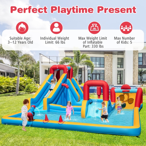 Costway Inflatable Water Park with Climbing Wall Boxing Post Basketball Rim 680W Blower
