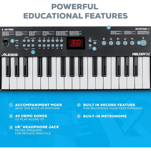 Alesis Melody 32 – Portable 32 Key Mini Digital Piano/Keyboard with Built-in Speakers + Numark HF125 - On-Ear Headphones with 6ft Cable