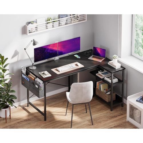 48 Inch Small L Shaped Gaming Computer Desk with Power Outlets, Reversible Storage Shelves & PC Stand for Home Office, Simple Writing Study Table