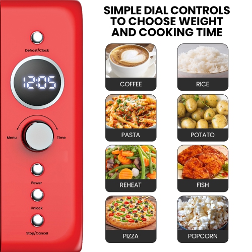 Total Chef – Four à micro-ondes rétro, 0,7 pi3, démarrage rapide et décongélation, 8 fonctions préréglées, 700 W, rouge