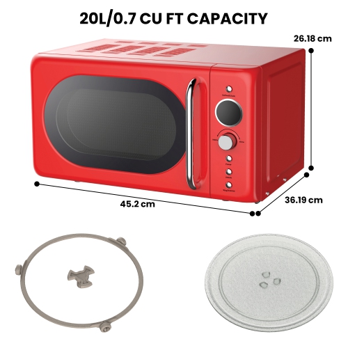 Total Chef – Four à micro-ondes rétro, 0,7 pi3, démarrage rapide et décongélation, 8 fonctions préréglées, 700 W, rouge