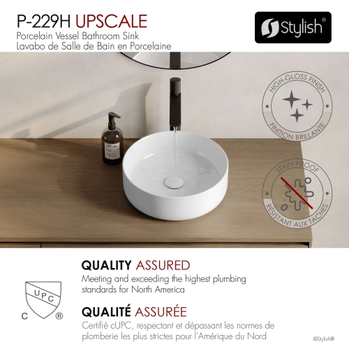 Stylish 14"w White Round Vessel Bathroom Sink P-229H