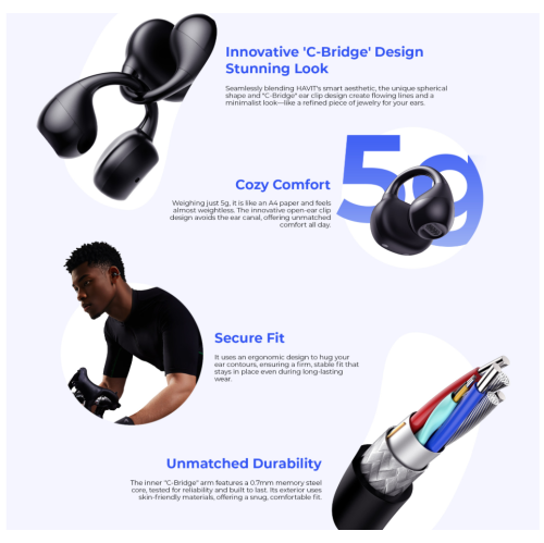 Havit – Écouteurs oreilles libres à pince ENC Bluetooth LITE TWS sans fil V5.4 OWS916_Noir