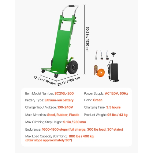 VEVOR 880lbs Electric Stair Climbing Dolly, Electric Stair Climbing Hand Trucks with 157.5in Rope & Extendable Handle, Heavy Duty Stair Climber for