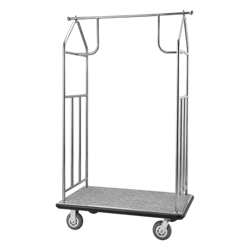 VEVOR 800 LBS Load Hotel Luggage Cart, Brushed Stainless Steel Finish Bellman's Cart, Valet Cart with Grey Carpeted Deck and 6-inch Rubber Wheels,