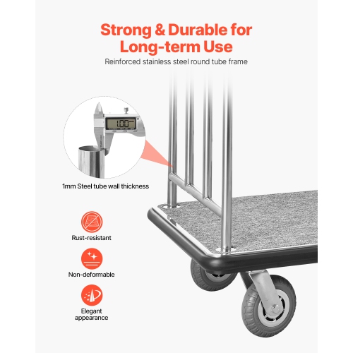 VEVOR 800 LBS Load Hotel Luggage Cart, Brushed Stainless Steel Finish Bellman's Cart, Valet Cart with Grey Carpeted Deck and 6-inch Rubber Wheels,