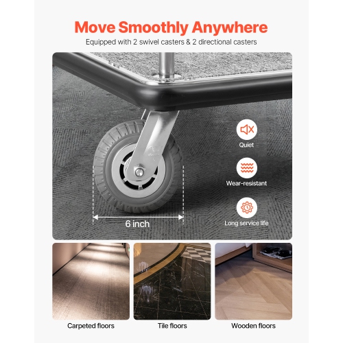 VEVOR 800 LBS Load Hotel Luggage Cart, Brushed Stainless Steel Finish Bellman's Cart, Valet Cart with Grey Carpeted Deck and 6-inch Rubber Wheels,