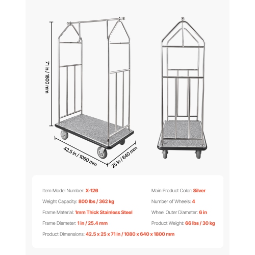 VEVOR 800 LBS Load Hotel Luggage Cart, Brushed Stainless Steel Finish Bellman's Cart, Valet Cart with Grey Carpeted Deck and 6-inch Rubber Wheels,