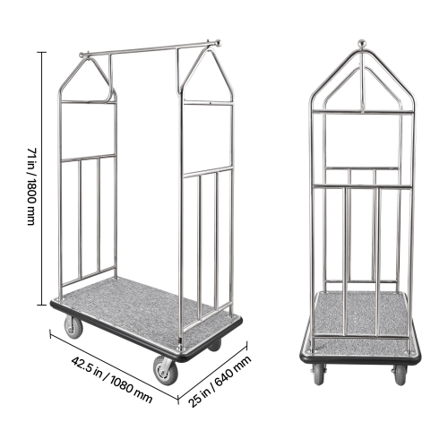 VEVOR 800 LBS Load Hotel Luggage Cart, Brushed Stainless Steel Finish Bellman's Cart, Valet Cart with Grey Carpeted Deck and 6-inch Rubber Wheels,
