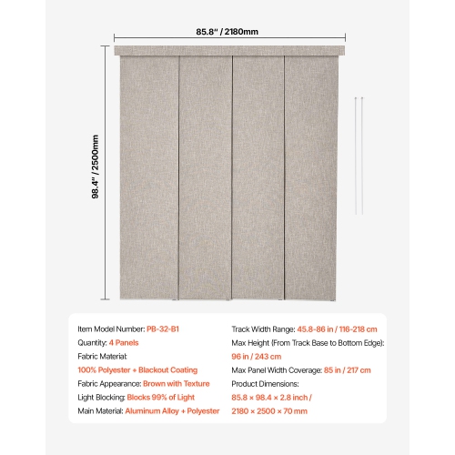 VEVOR 45.8 in to 86 in W Panel Track Blinds, Trimmable Panel Curtains Up to 96 in H, Vertical Blackout Panel Blinds for Sliding Doors, Patio Doors,