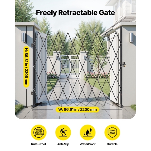 VEVOR 86.61 x 86.81 in Single Folding Security Gate, Lockable Scissor Gate with 360° Swivel Casters, Outdoor Barricade Steel Retractable Gates, for
