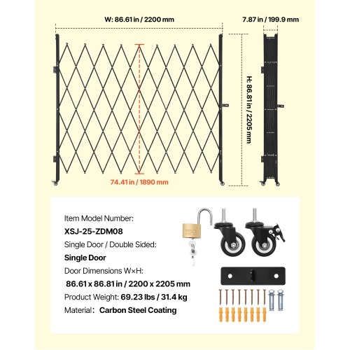 VEVOR 86.61 x 86.81 in Single Folding Security Gate, Lockable Scissor Gate with 360° Swivel Casters, Outdoor Barricade Steel Retractable Gates, for