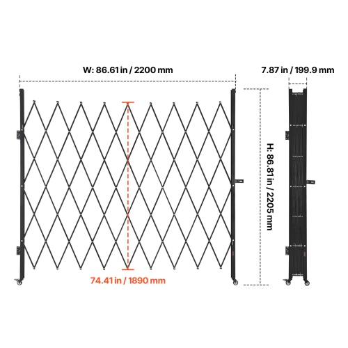 VEVOR 86.61 x 86.81 in Single Folding Security Gate, Lockable Scissor Gate with 360° Swivel Casters, Outdoor Barricade Steel Retractable Gates, for
