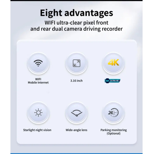 4K+1080P 2 Channel Dash Cam Wide Angle for Cars Front and Rear 128GB SD Card Included with Loop Recording, Wifi App, G-Sensor & 24/7 Parking Monitor