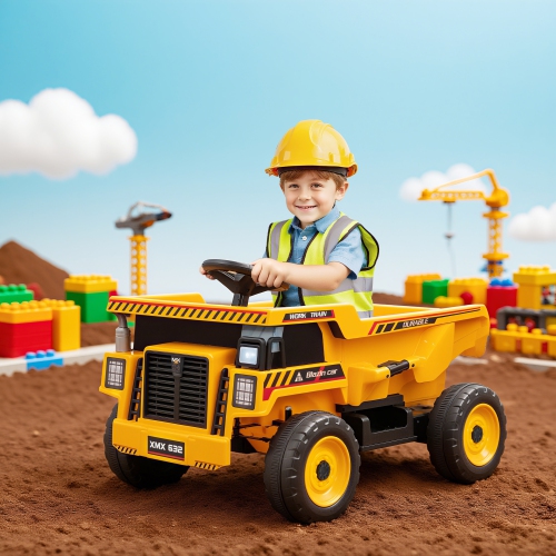 Qaba Kids Ride On Dump Truck, 12V Electric Dump Bed with Remote Control, Battery Powered Construction Vehicle with Music, MP3, USB for Toddlers 3-5