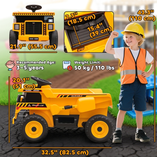 Qaba Kids Ride On Dump Truck, 12V Electric Dump Bed with Remote Control, Battery Powered Construction Vehicle with Music, MP3, USB for Toddlers 3-5