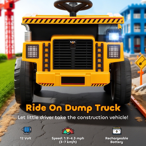 Qaba Kids Ride On Dump Truck, 12V Electric Dump Bed with Remote Control, Battery Powered Construction Vehicle with Music, MP3, USB for Toddlers 3-5