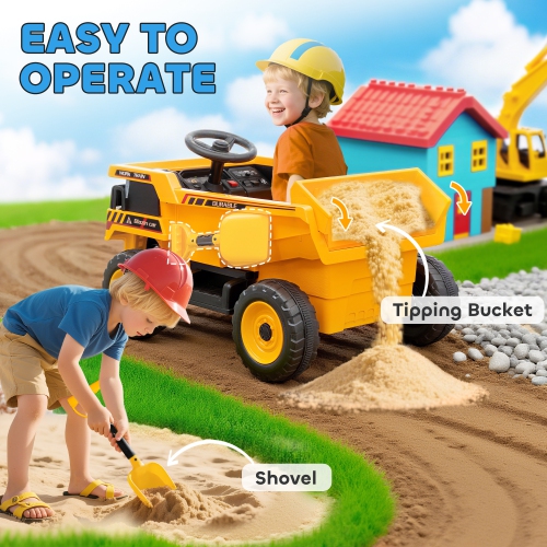 Qaba Kids Ride On Dump Truck, 12V Electric Dump Bed with Remote Control, Battery Powered Construction Vehicle with Music, MP3, USB for Toddlers 3-5