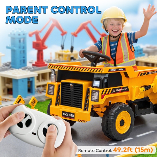 Qaba Kids Ride On Dump Truck, 12V Electric Dump Bed with Remote Control, Battery Powered Construction Vehicle with Music, MP3, USB for Toddlers 3-5