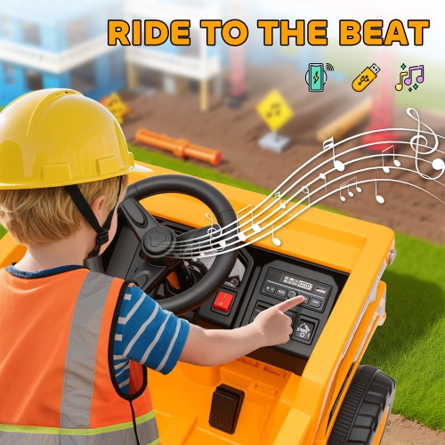 Qaba Kids Ride On Dump Truck, 12V Electric Dump Bed with Remote Control, Battery Powered Construction Vehicle with Music, MP3, USB for Toddlers 3-5