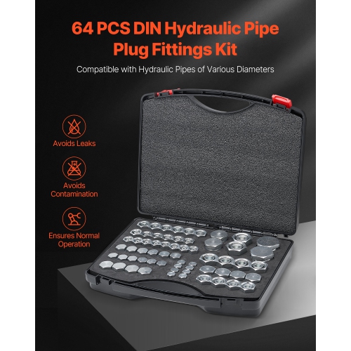 VEVOR 64 PCS DIN Hydraulic Fittings, Heavy Duty Master Industrial Hydraulic Cap and Plug, Hose Tube and Pipe Fitting Kit, Cap and Plug Kit, Dash