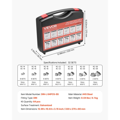 VEVOR 64 PCS DIN Hydraulic Fittings, Heavy Duty Master Industrial Hydraulic Cap and Plug, Hose Tube and Pipe Fitting Kit, Cap and Plug Kit, Dash